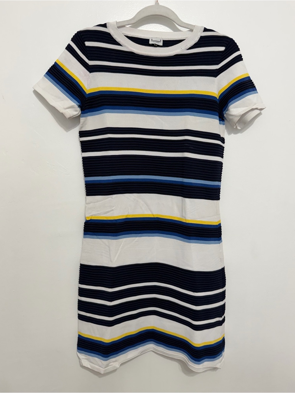 Adolfo Dominguez White, Navy, Blue & Yellow Striped Short Sleeve Dress